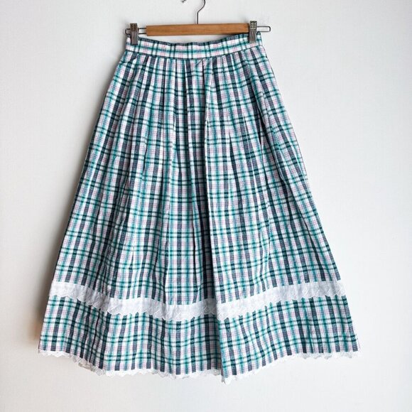 Vintage Check Print Green White Picnic Table Motif Midi Skirt S - Picture 2 of 9